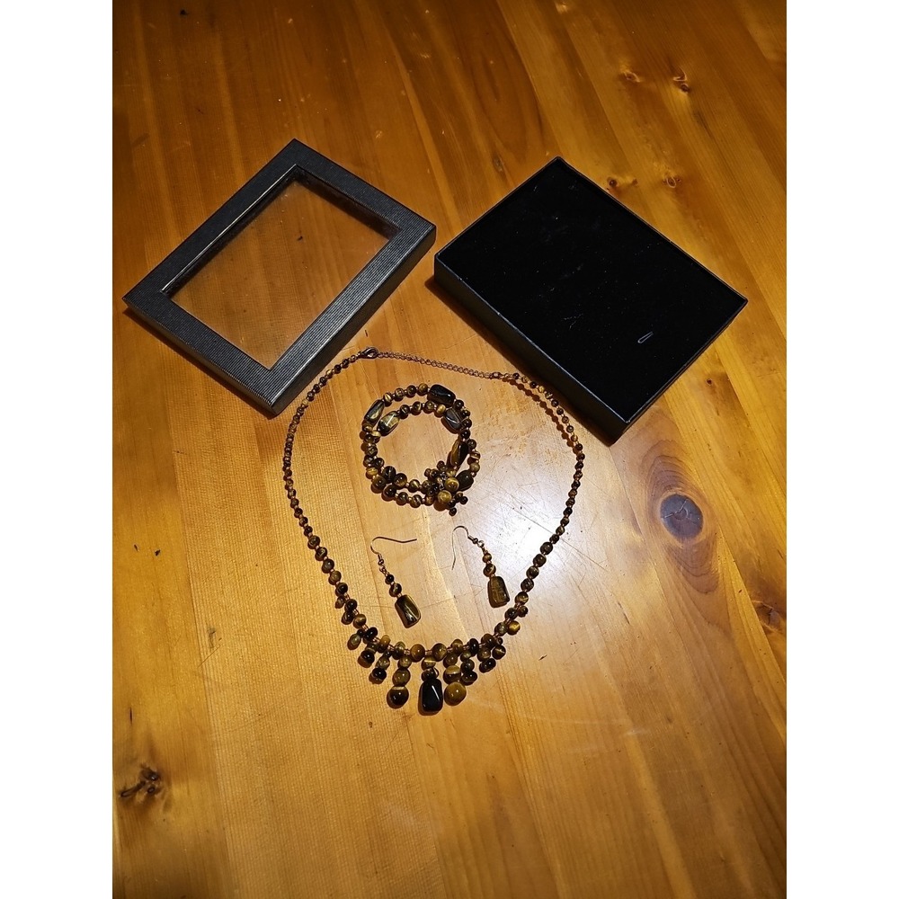 Tigers Eye Graduated Beaded Drop Stone Necklace 20" Bracelet, And Earings
